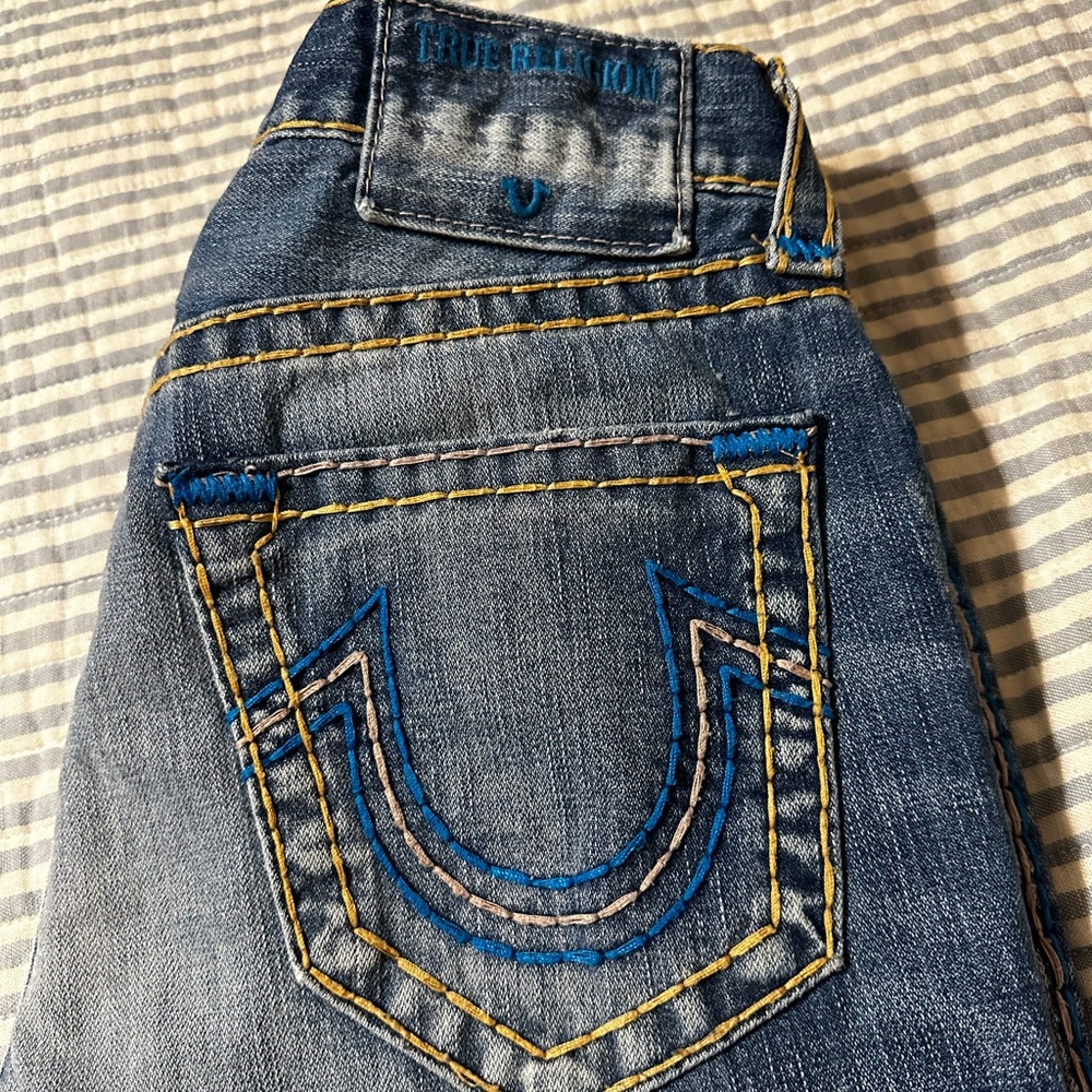 True Religion Slim Jeans in Denim Blue with Yellow Stitching